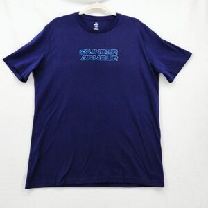 Under Armour Mens L Outdoor Trail Wordmark SS Graphic Tee Navy Blue 1379578
